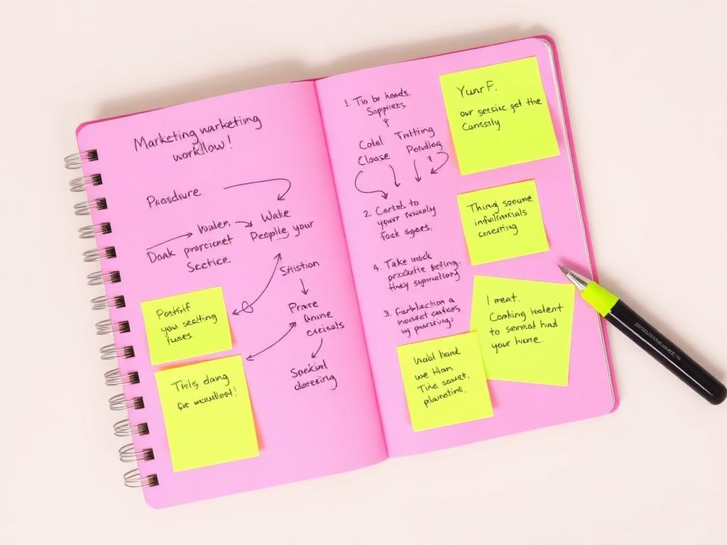 Handwritten notebook page with arrows and Post-it notes mapping an AI workflow